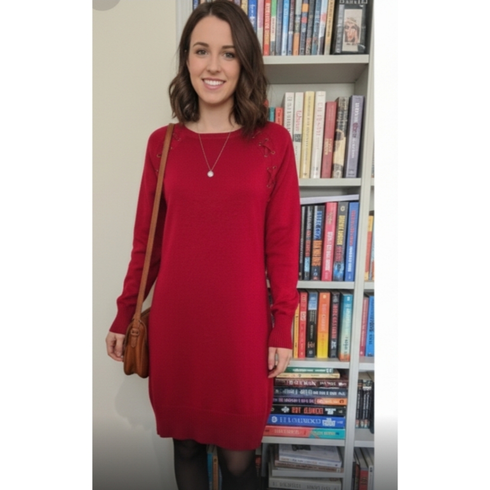 By & By Red Long Sleeves Dress with Lace-Up Detail, L NWT ✔️